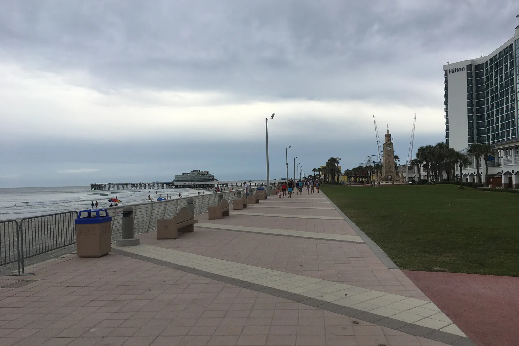 The Daytona Beach Boardwalk looking south toward the Coquina Clock Tower and the Main Street Pier.