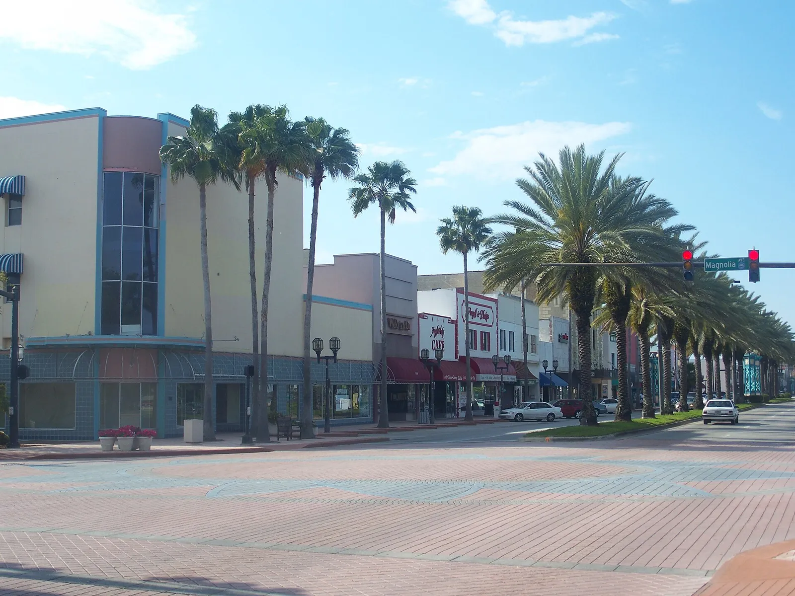 Beach Street at Magnolia Avenue in downtown Daytona Beach, across from the Riverfront Esplanade.