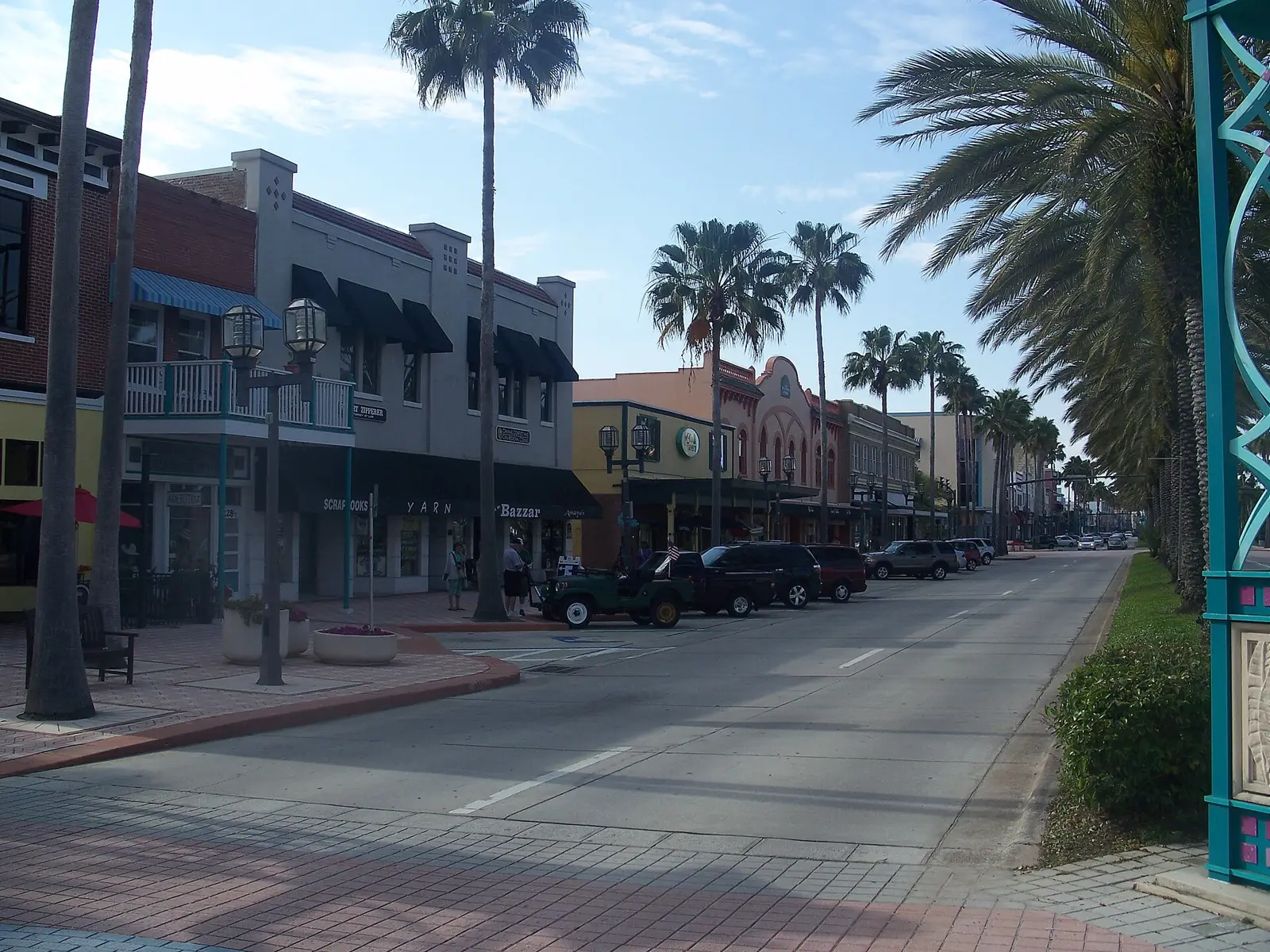 Shops and cafes along Beach Street in the South Beach Street Historic District of downtown Daytona Beach.