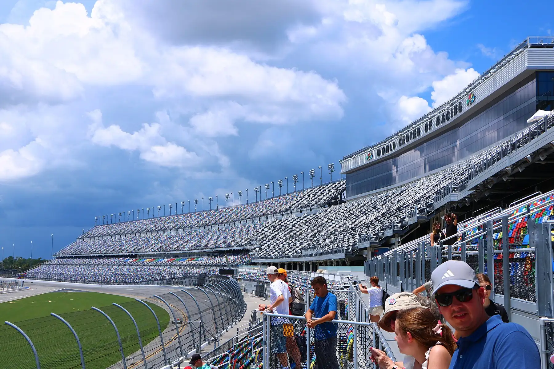 The grandstands of Daytona International Speedway on International Speedway Boulevard, the road Mainland High sits on, about a mile west of the school