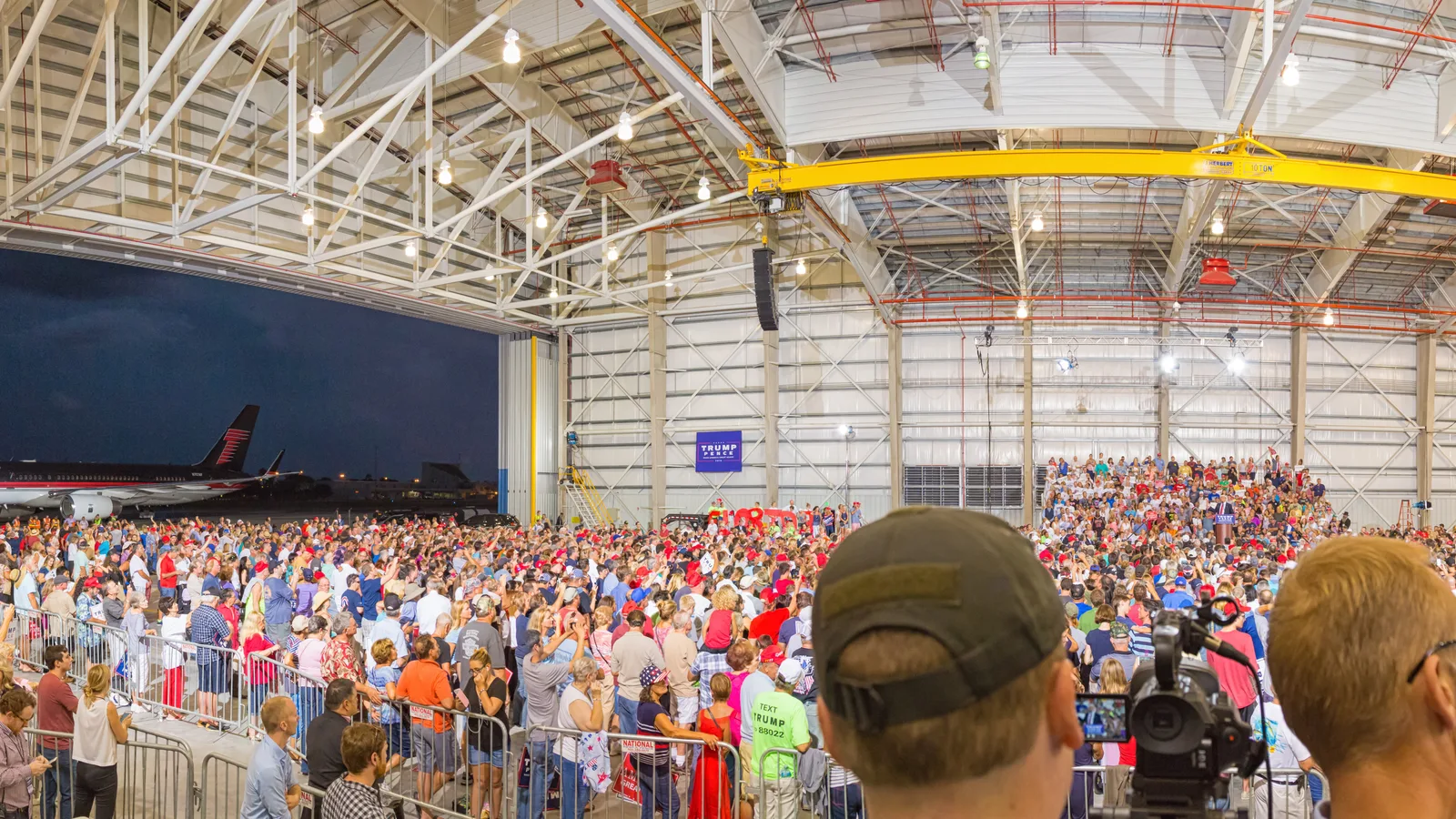 Supporters inside an airport hangar at a Donald Trump rally in Melbourne, Florida. The picture does not show the Daytona Beach event.