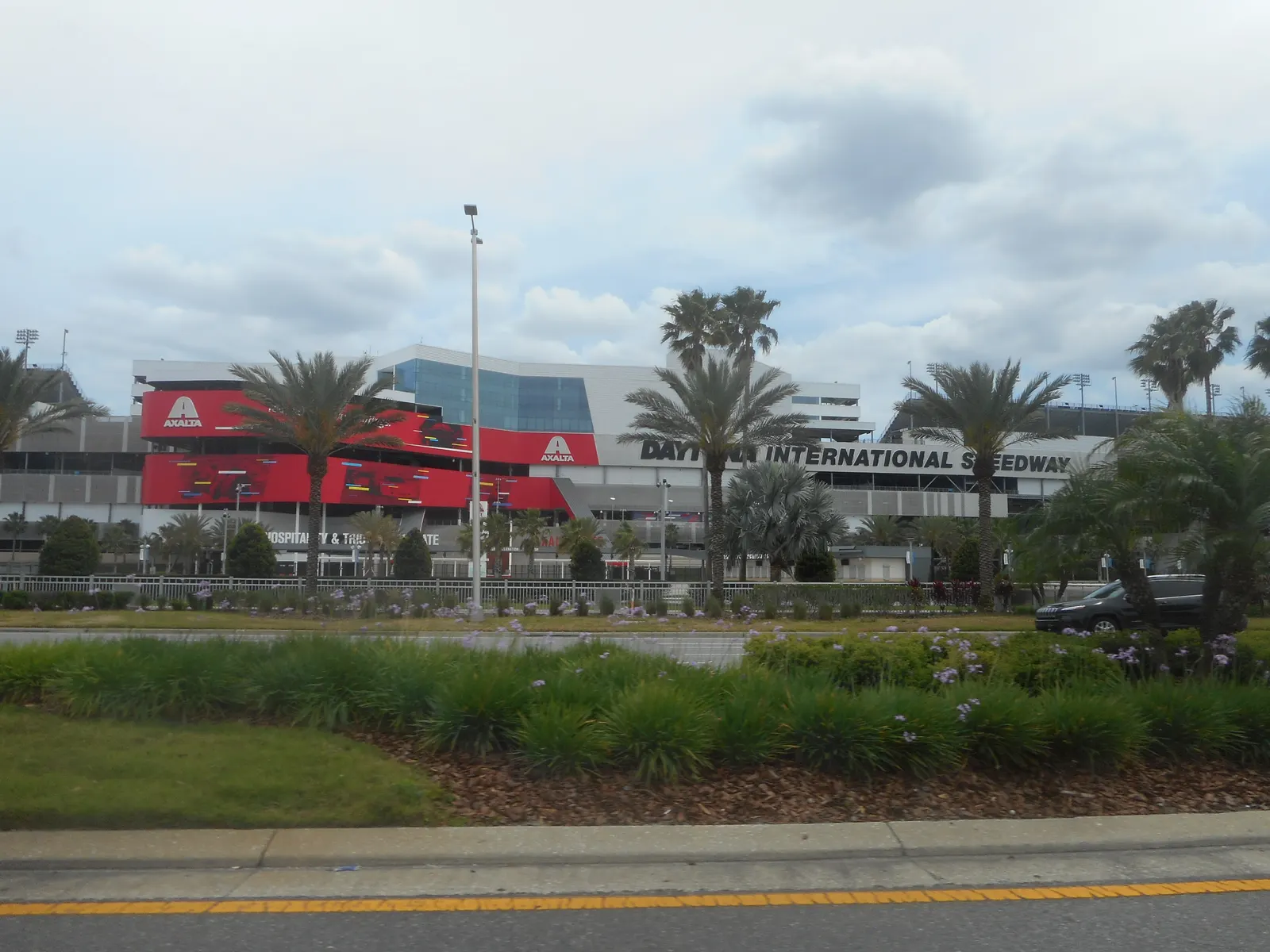 The back of the Daytona International Speedway grandstand, seen from International Speedway Boulevard (U.S. 92) in Daytona Beach.