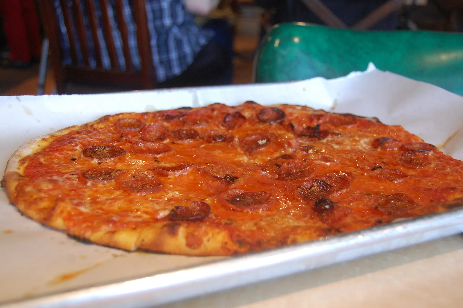 A pepperoni pizza. The photo was not taken at a Daytona Beach restaurant.
